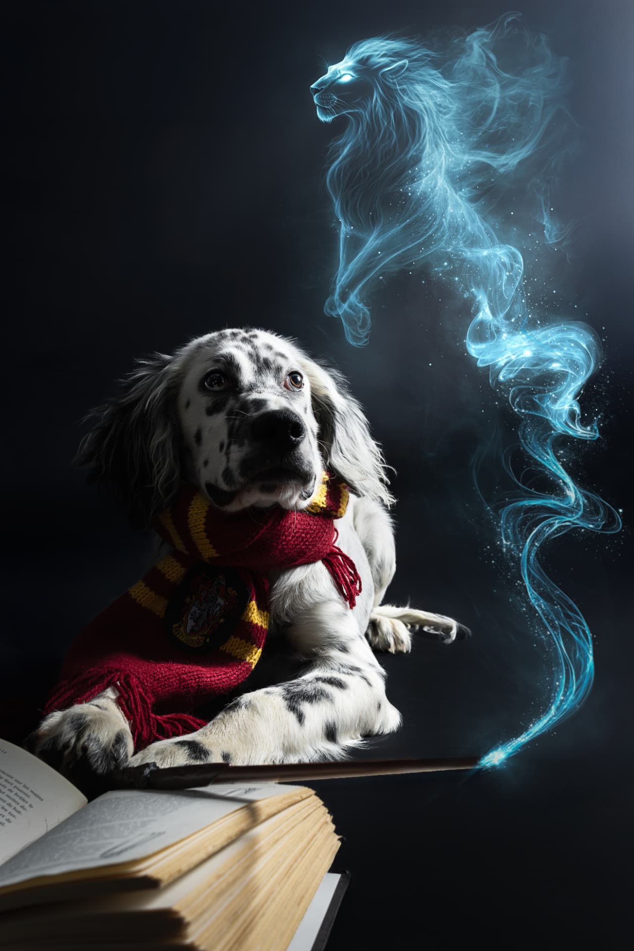 Setter anglais en écharpe de sorcier devant un vieux grimoire