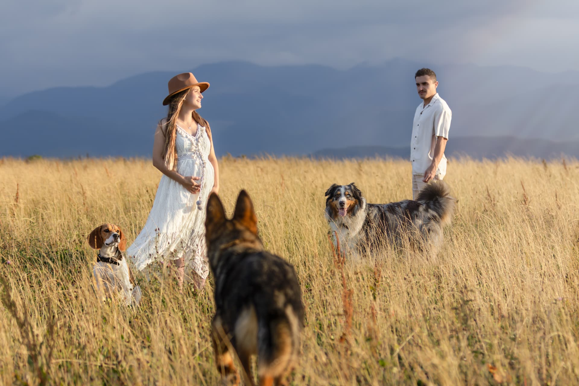 Couple et leurs trois chiens dans une prairie de hautes herbes face aux montagnes