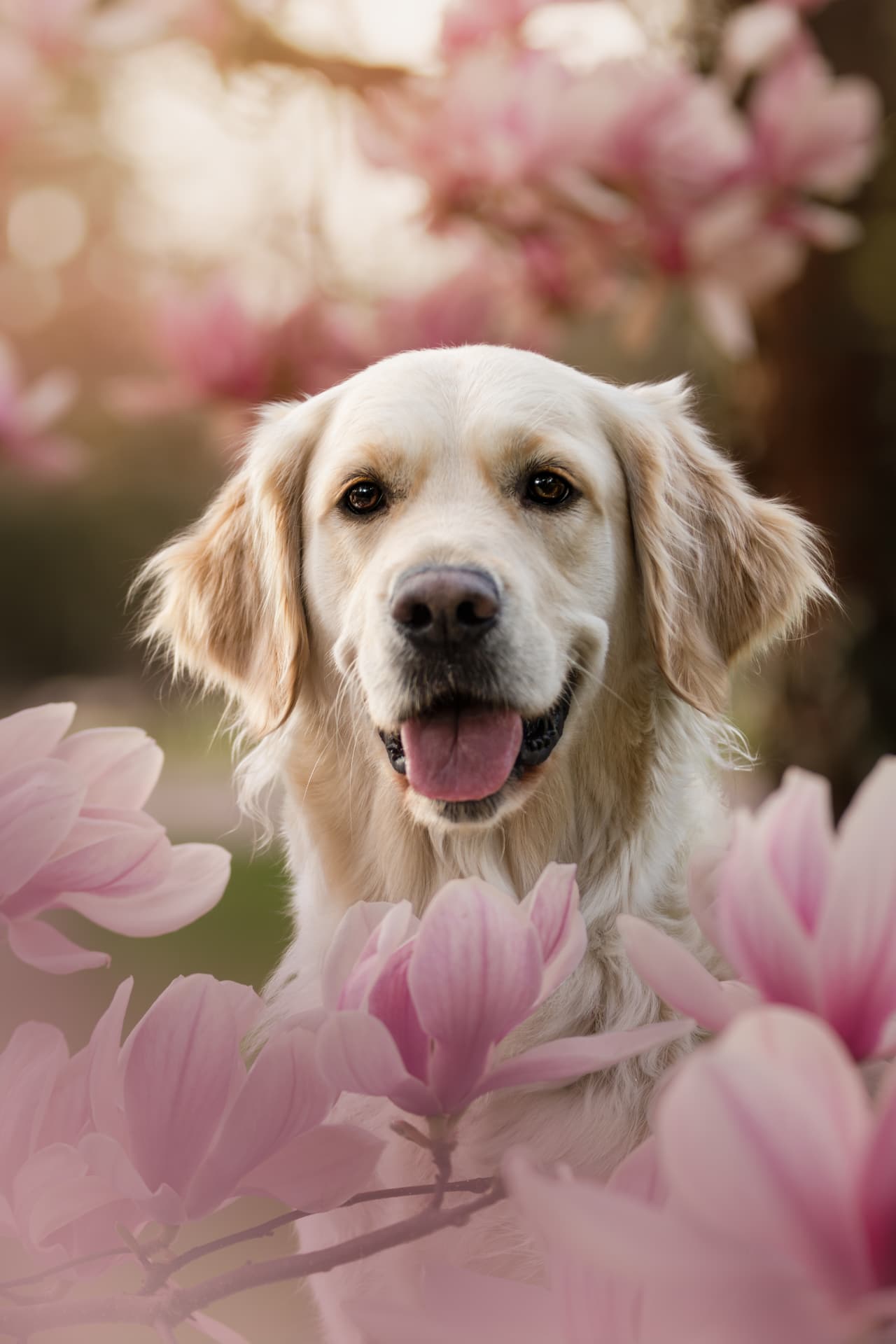 Golden retriever souriant parmi les magnolias en fleurs