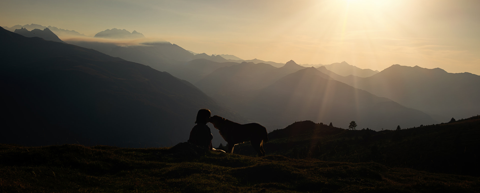 Femme et son chien en silhouette, face à face au coucher du soleil dans les montagnes